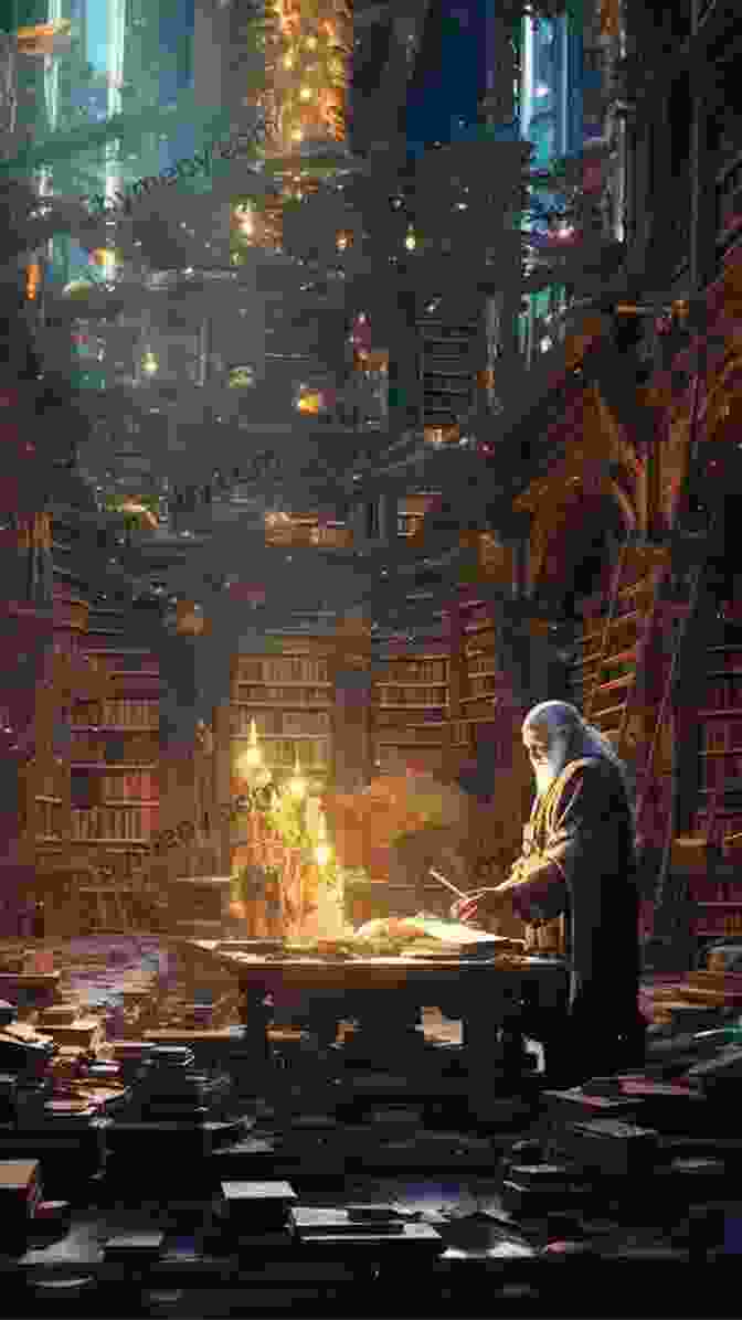 A Bearded Wizard Stands In An Ancient Library, Surrounded By Towering Bookshelves. His Hands Are Raised, An Ethereal Blue Glow Emanating From His Fingertips. Tales From The Arabian Nights: Stories Of Adventure Magic Love And Betrayal