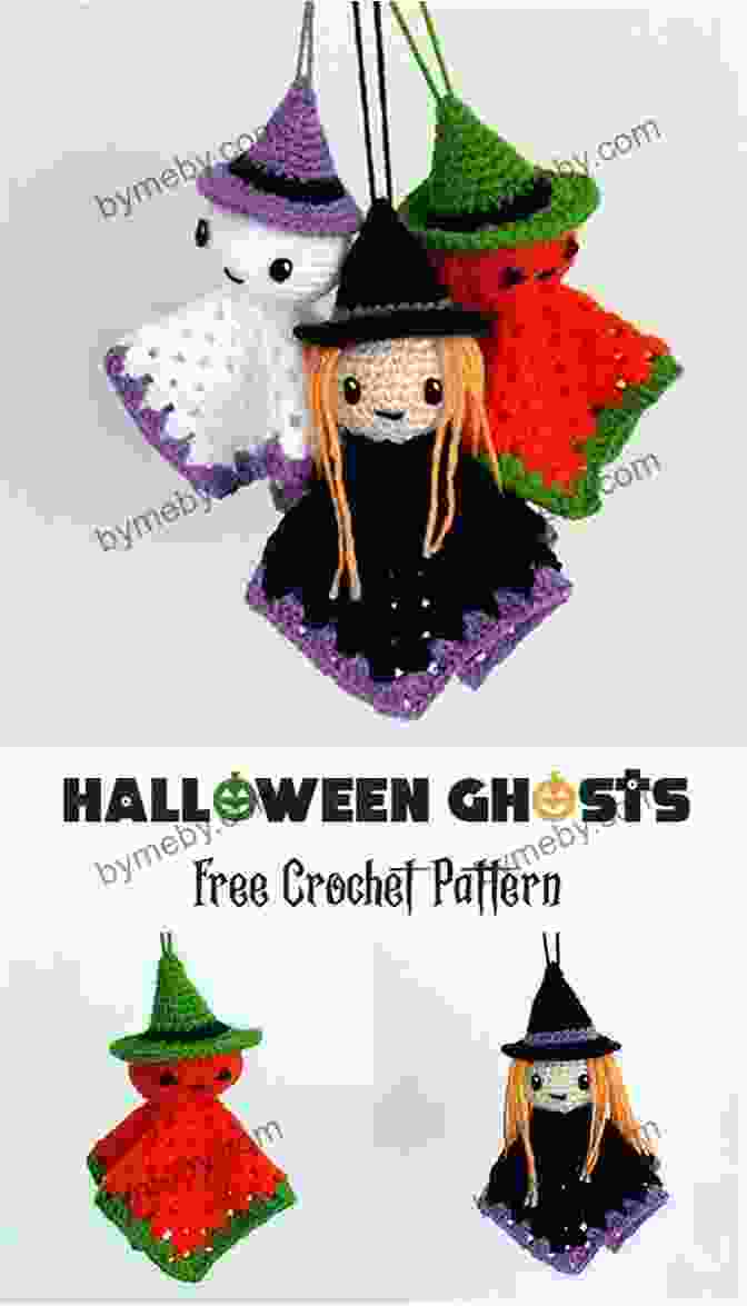 A Group Of Crocheted Halloween Characters, Including A Ghost, Witch, Pumpkin, Spider, And Bat, Arranged On A Wooden Shelf. Halloween Gang Amigurumi Crochet Pattern