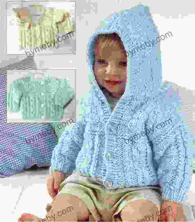 Knitted Baby Jacket In Soft Blue Yarn With Raglan Design, Ribbed Cuffs, And Button Front Closure. Knitting Pattern KP195 Baby Jacket Hat And Booties 0 3mths UK Terminology